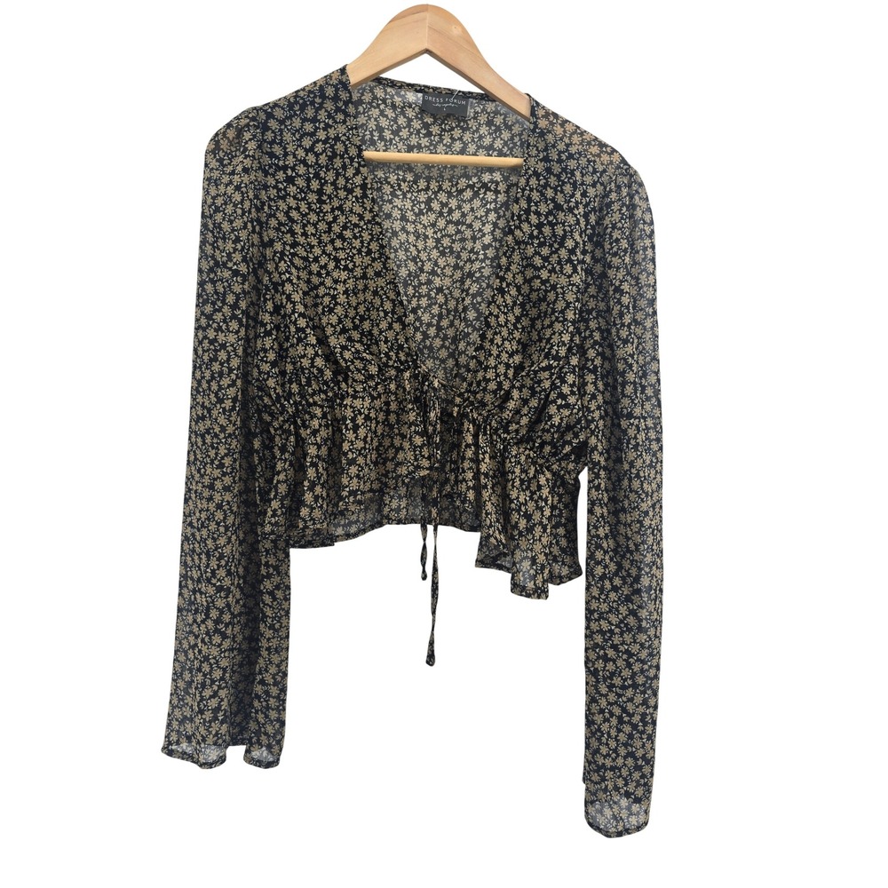 Dress Forum Top Womens L FT6532 Black Beige Floral Tie Front Sheer Crop EUC